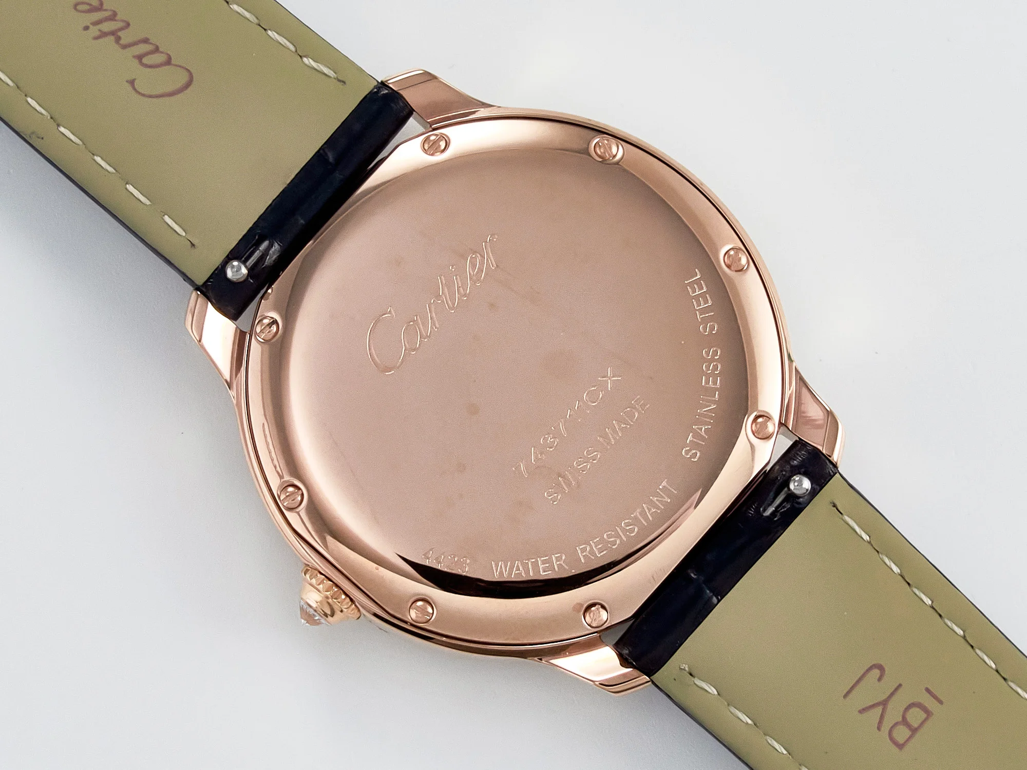 Ronde Louis Cartier 36mm RG DRF 1:1 Best Edition Sandblasted Beige Dial Diamonds Bezel on Black Leather Strap Ronda Quartz