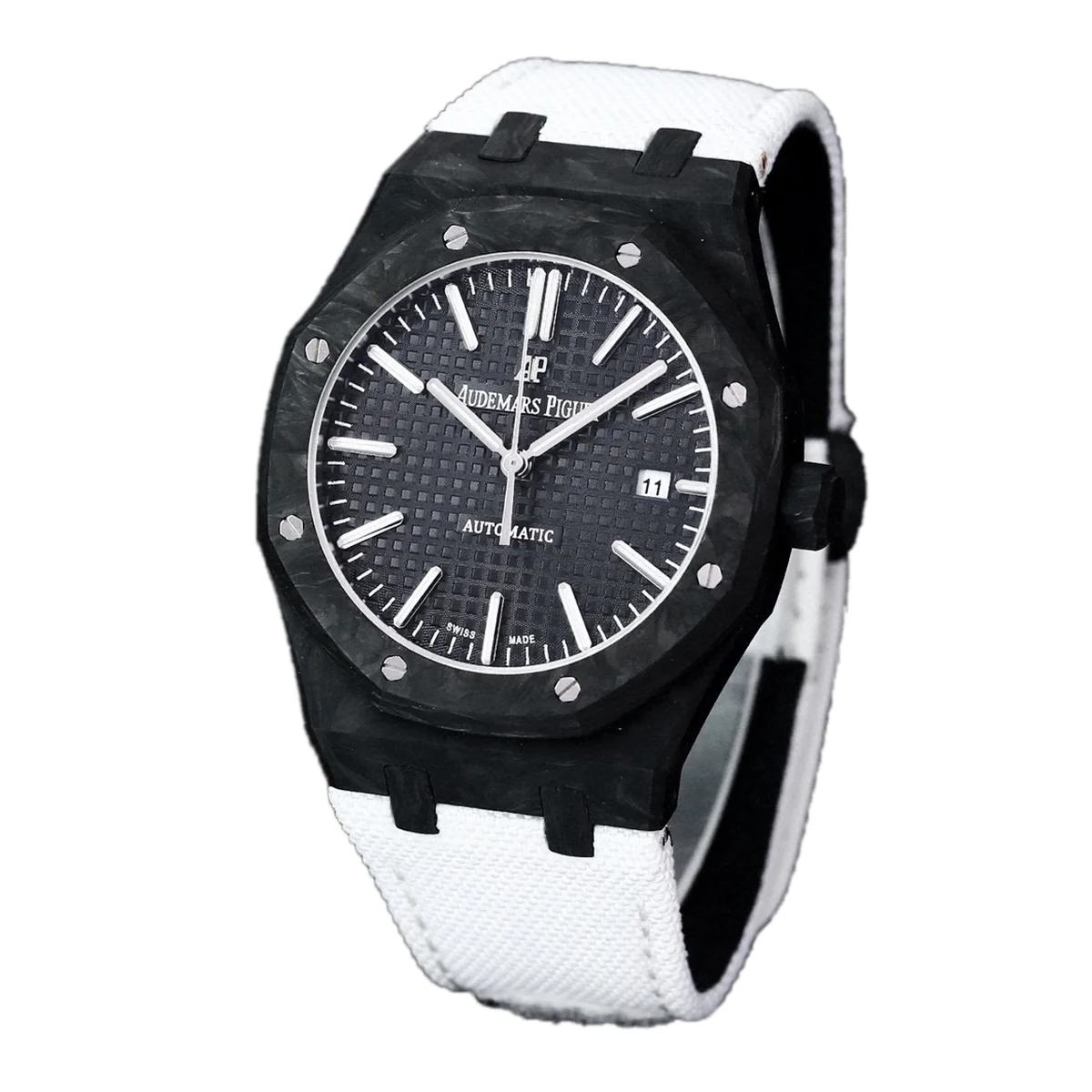 Royal Oak 15400 Black Dial in Carbon Fibre on White Nylon Strap