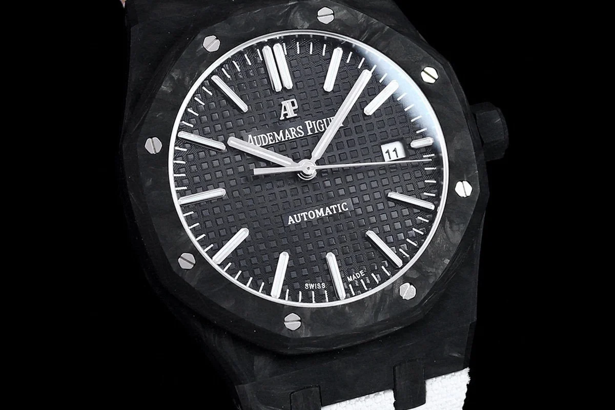 Royal Oak 15400 Black Dial in Carbon Fibre on White Nylon Strap