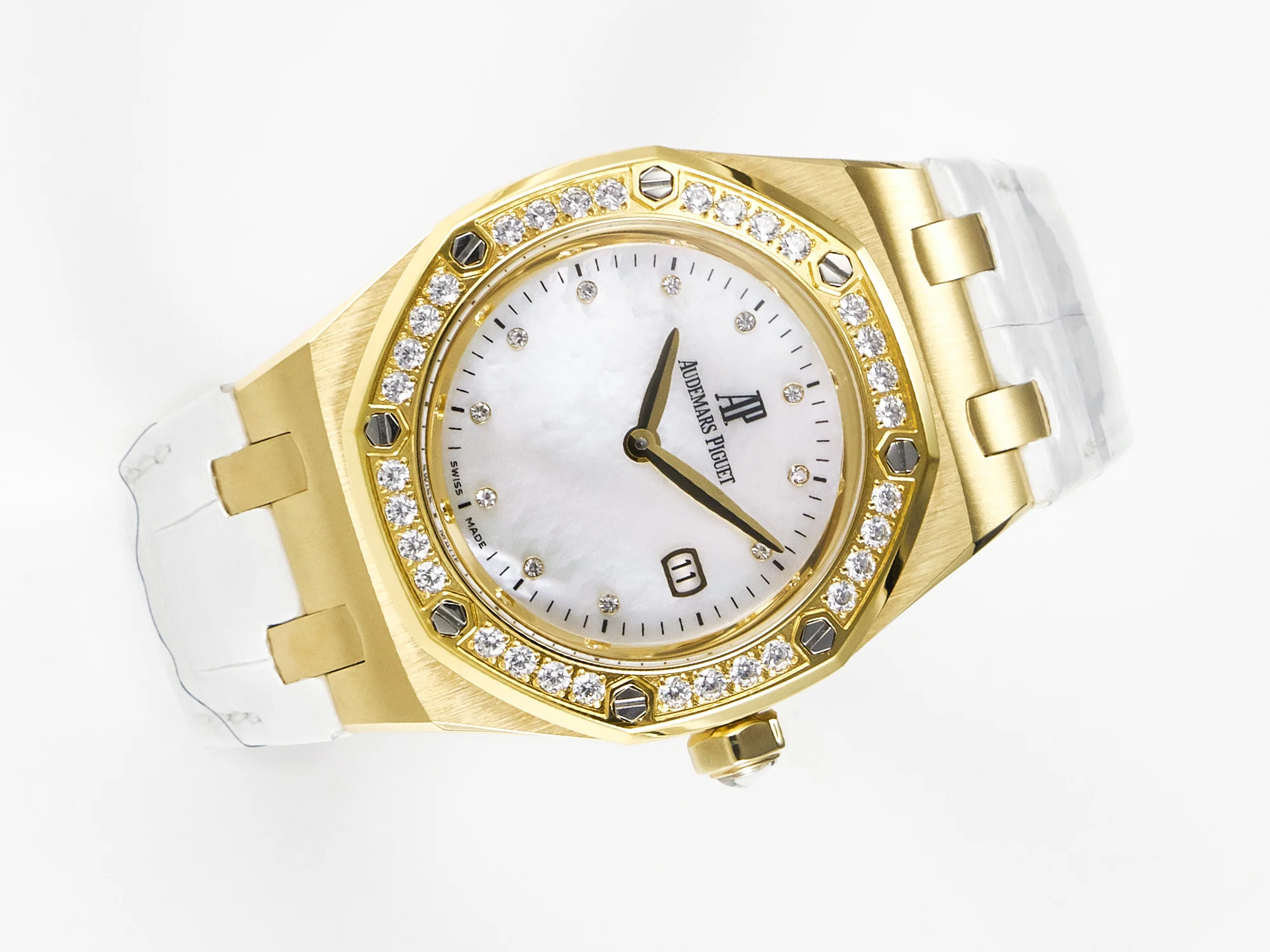 Royal Oak Ladies 33mm YG DRF Best Edition MOP Dial Diamonds Bezel on White Rubber Strap ETA Quartz
