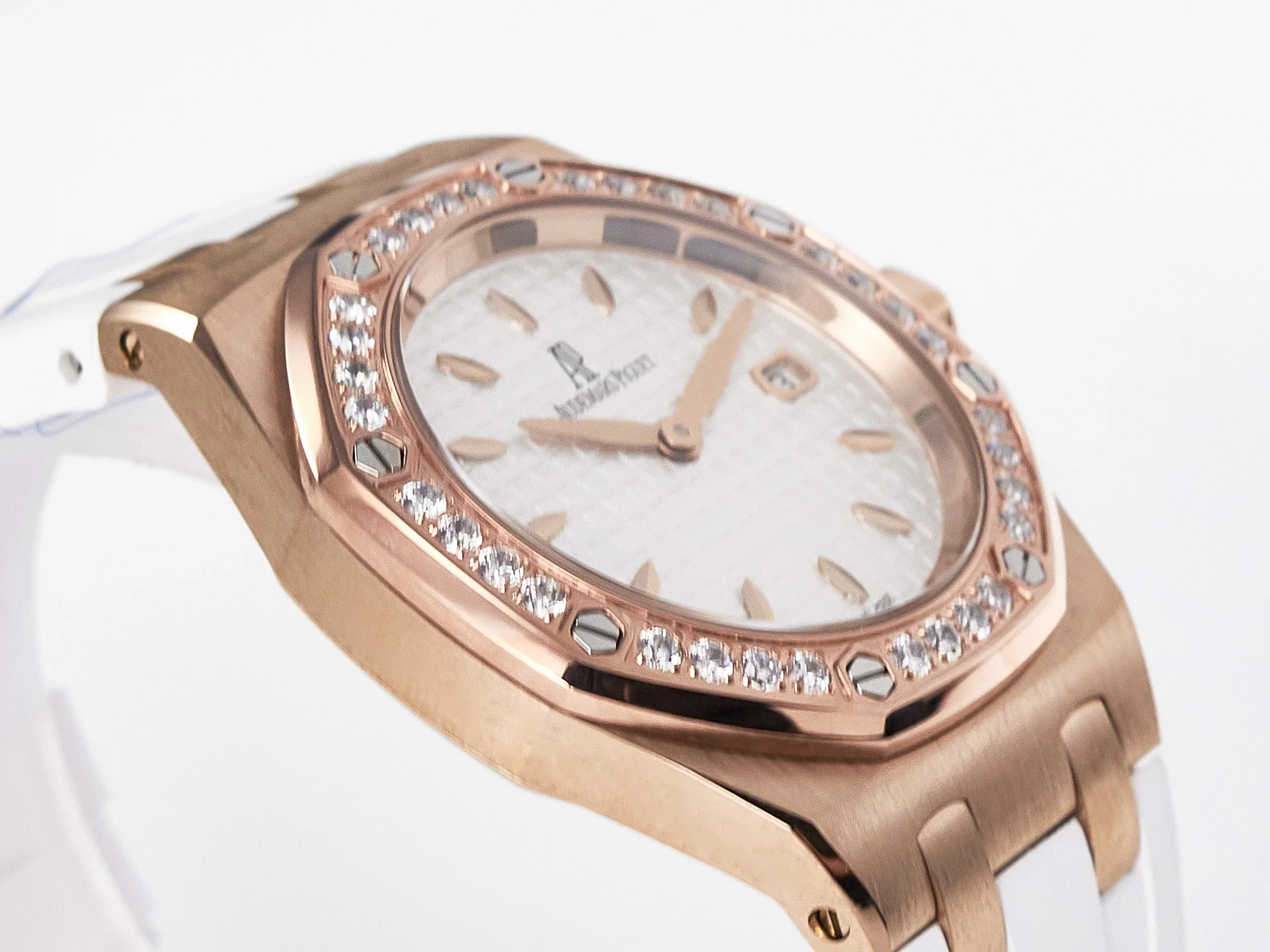 Royal Oak Offshore Ladies 33mm RG DRF Best Edition White Dial Diamonds Bezel on White Rubber Strap ETA Quartz