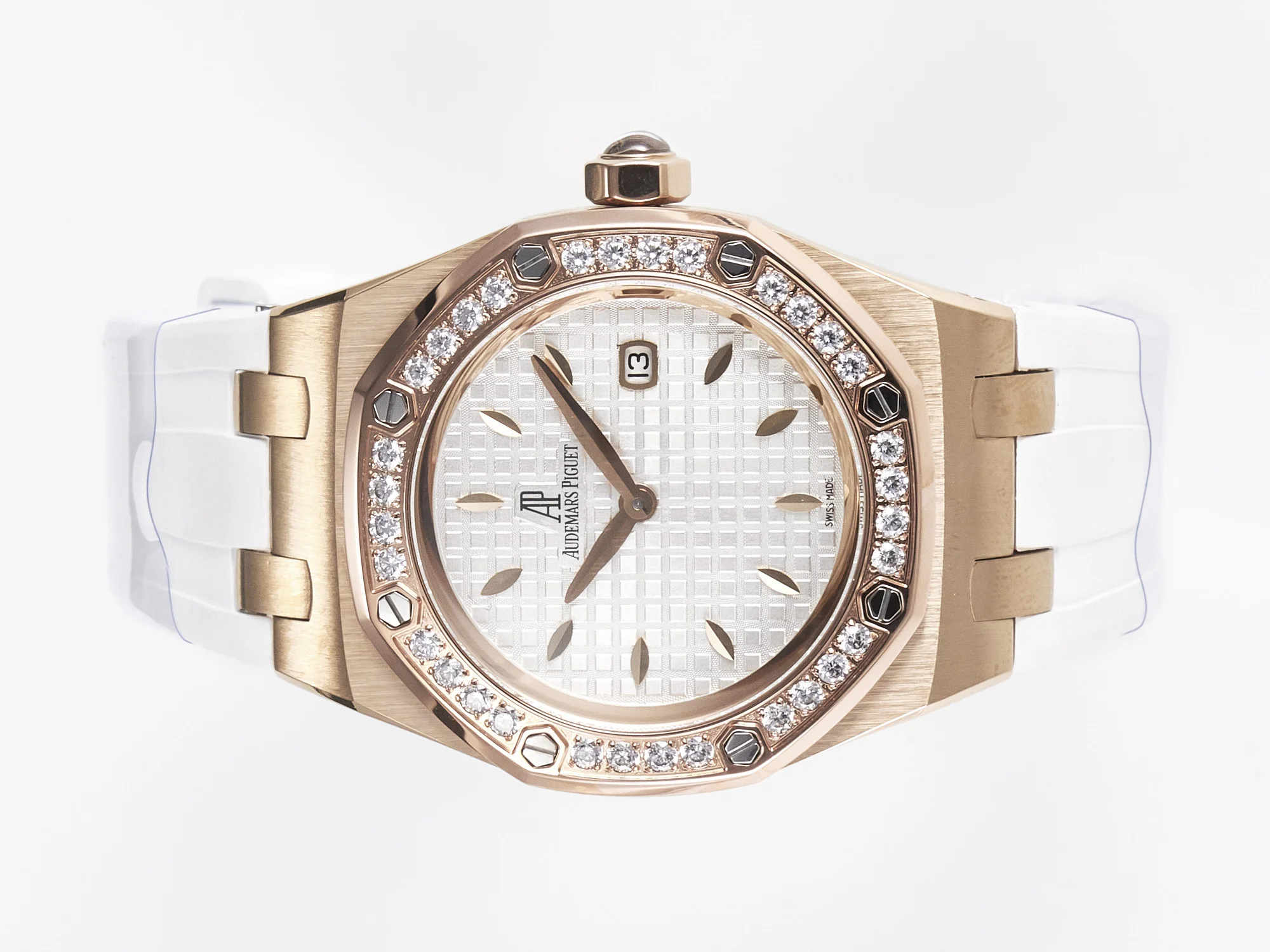 Royal Oak Offshore Ladies 33mm RG DRF Best Edition White Dial Diamonds Bezel on White Rubber Strap ETA Quartz