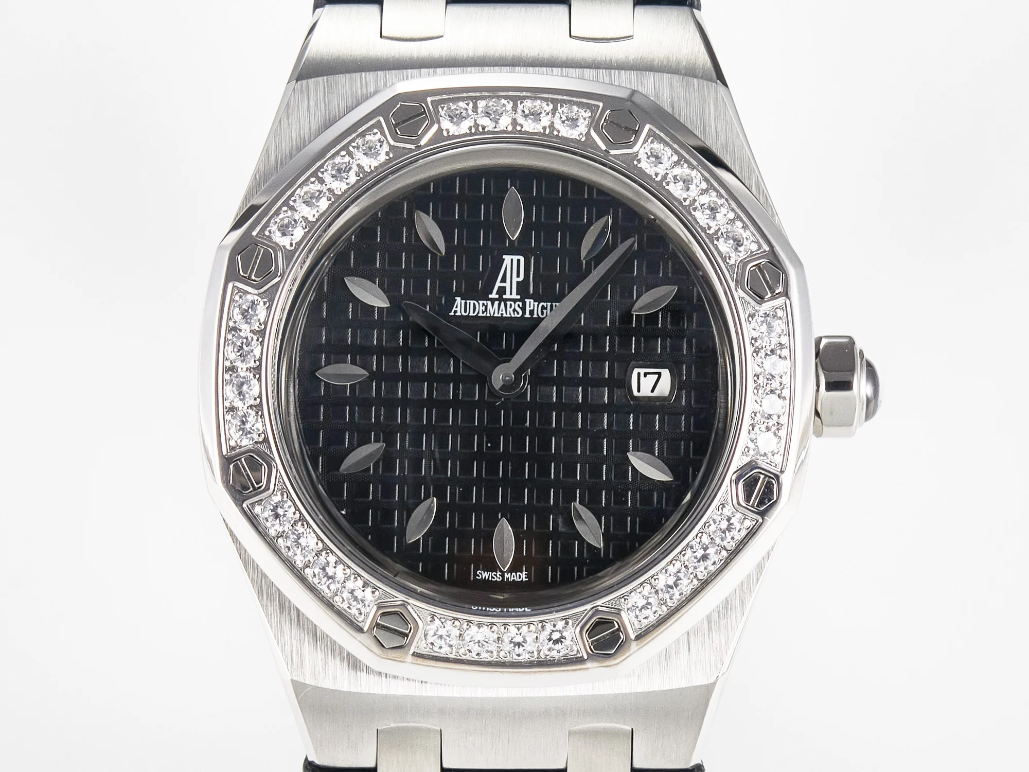 Royal Oak Offshore Ladies 33mm SS DRF Best Edition Black Dial Diamonds Bezel on Black Leather Strap ETA Quartz