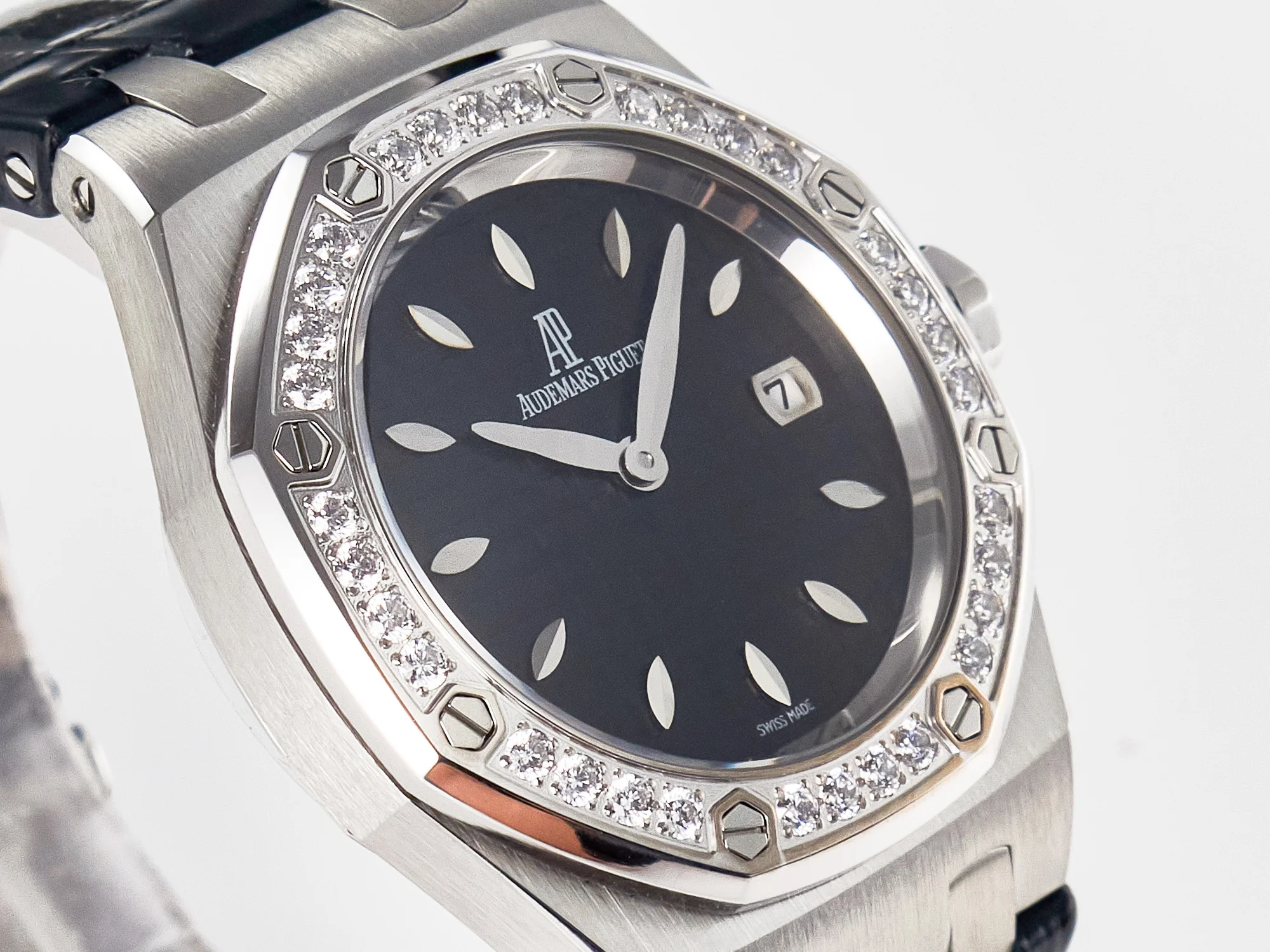 Royal Oak Offshore Ladies 33mm SS DRF Best Edition Black Dial Diamonds Bezel on Black Leather Strap ETA Quartz