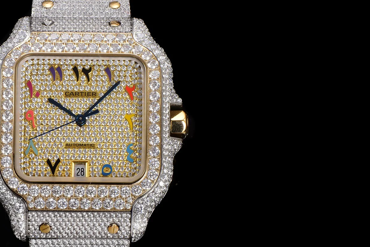 Santos de Cartier 40mm Diamond Paved Dial with Colourful Arabic Markers in Steel/Yellow Gold