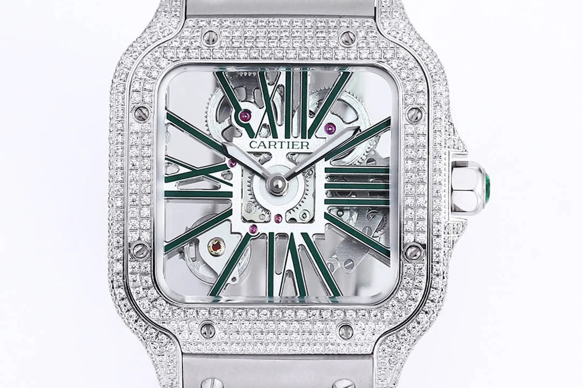 Santos De Cartier Watch Skeleton Dial Green Marker with Diamond Bezel in Steel