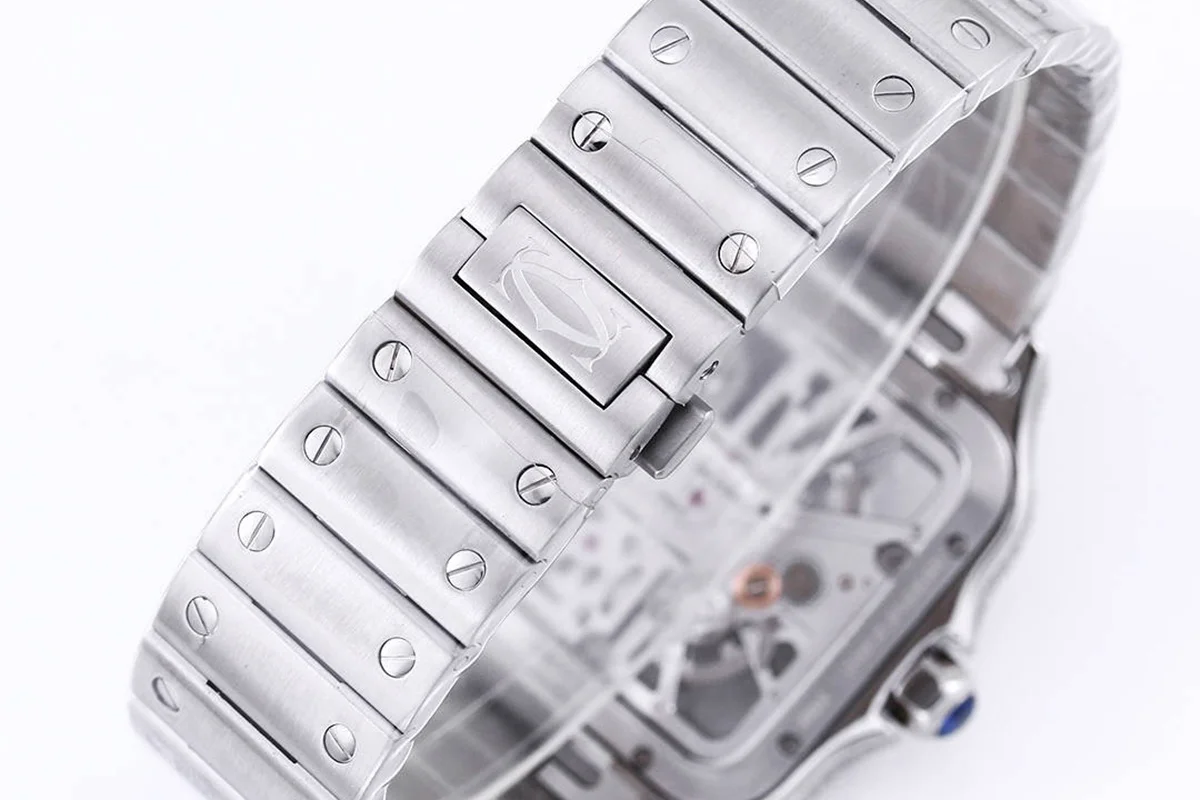 Santos De Cartier Watch Skeleton Dial White Marker with Diamond Bezel in Steel