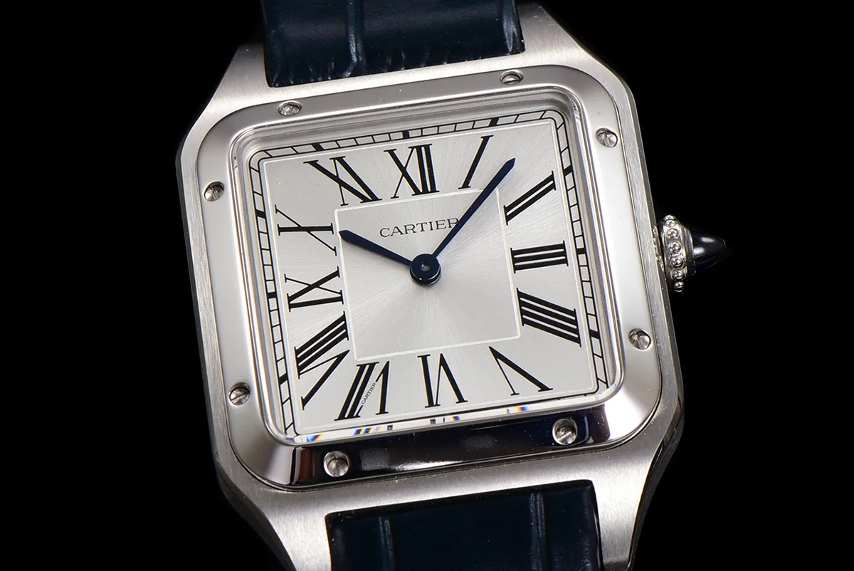 Santos-Dumont (Extra-Large) Silver Dial in Steel on Blue Leather Strap Ref. WSSA0032