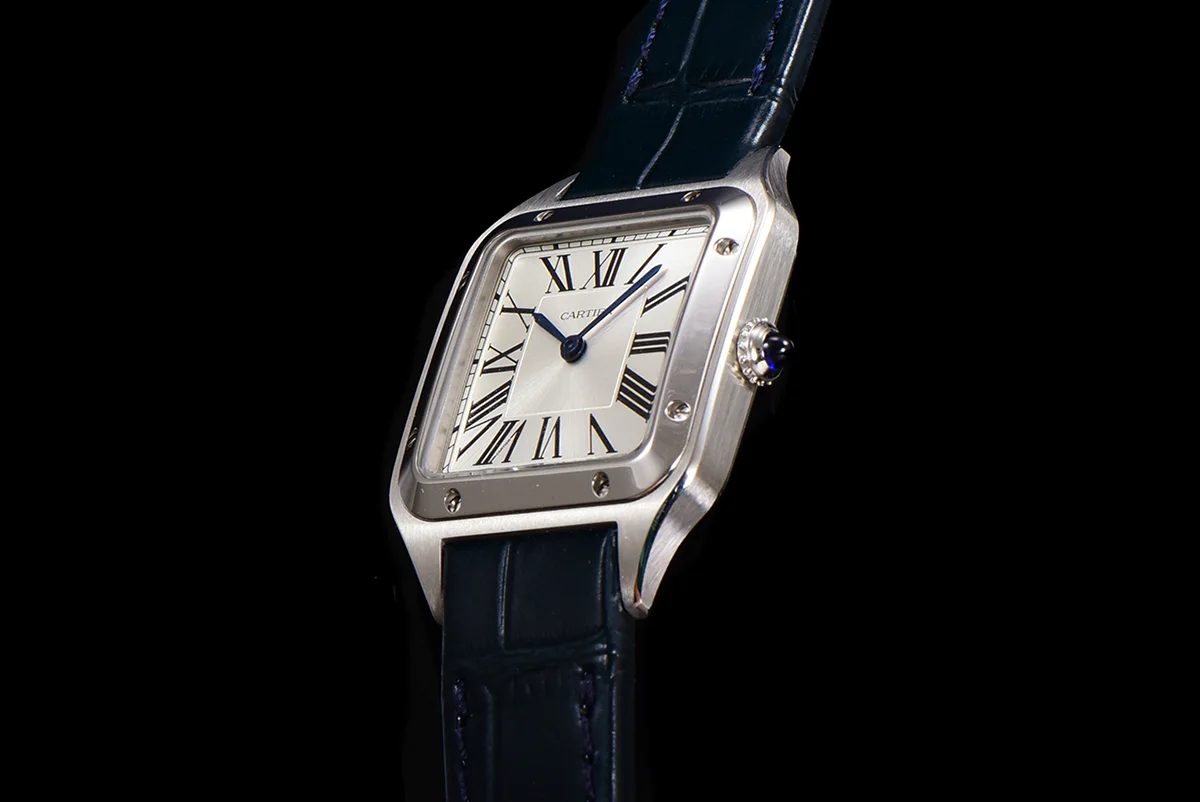 Santos-Dumont (Extra-Large) Silver Dial in Steel on Blue Leather Strap Ref. WSSA0032