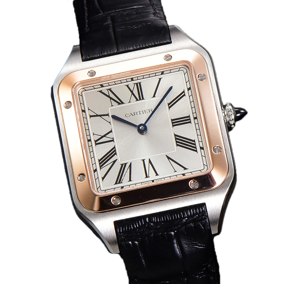 Santos-Dumont (Extra-Large) Silver Dial in Steel/Rose Gold on Black Leather Strap Ref. W2SA0017