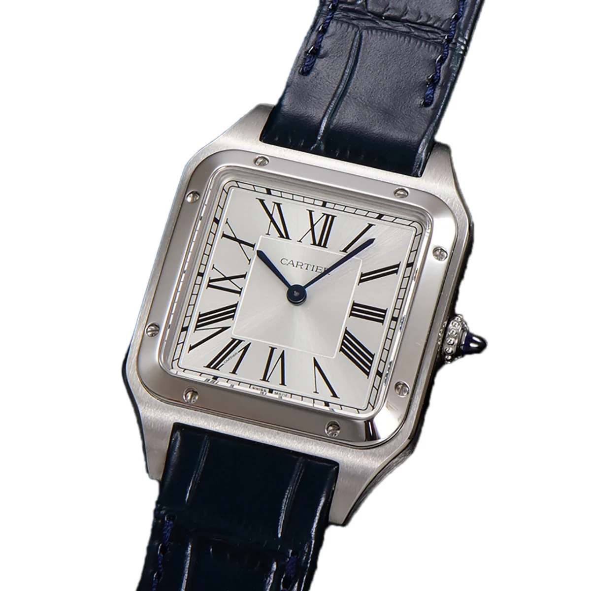 Santos-Dumont (Large) Silver Dial in Steel on Blue Leather Strap Ref. WSSA0022