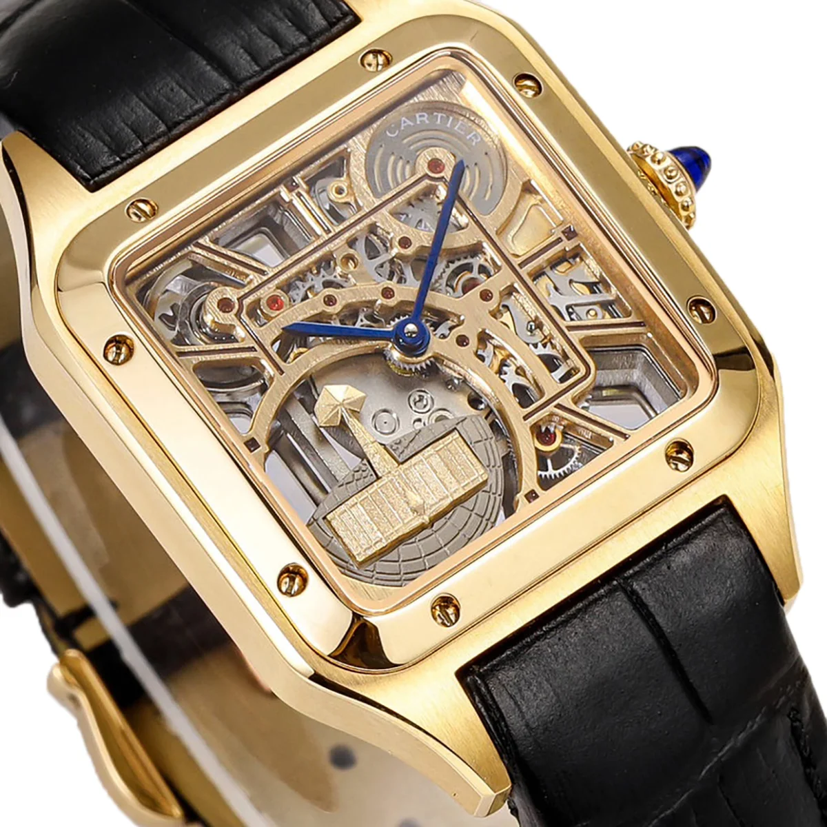 Santos-Dumont (Large) Skeleton Watch in Yellow Gold on Black Leather Strap