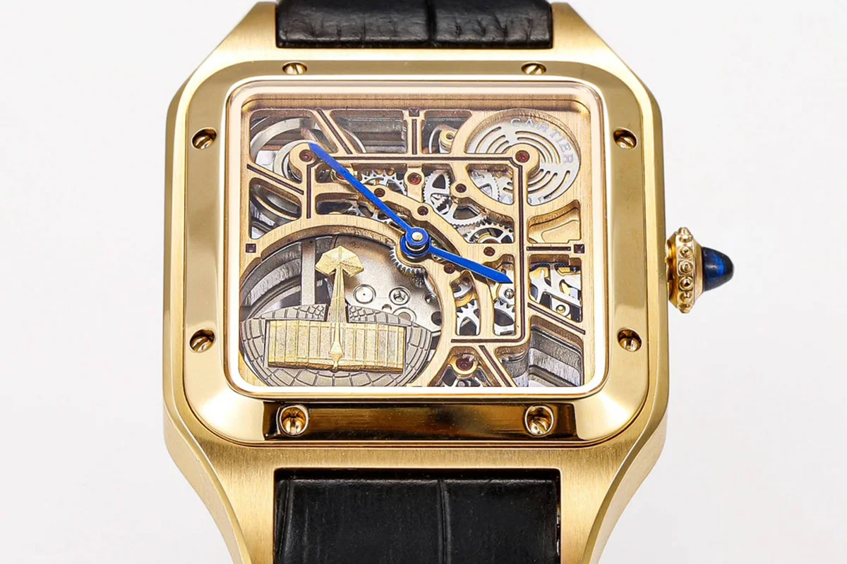 Santos-Dumont (Large) Skeleton Watch in Yellow Gold on Black Leather Strap