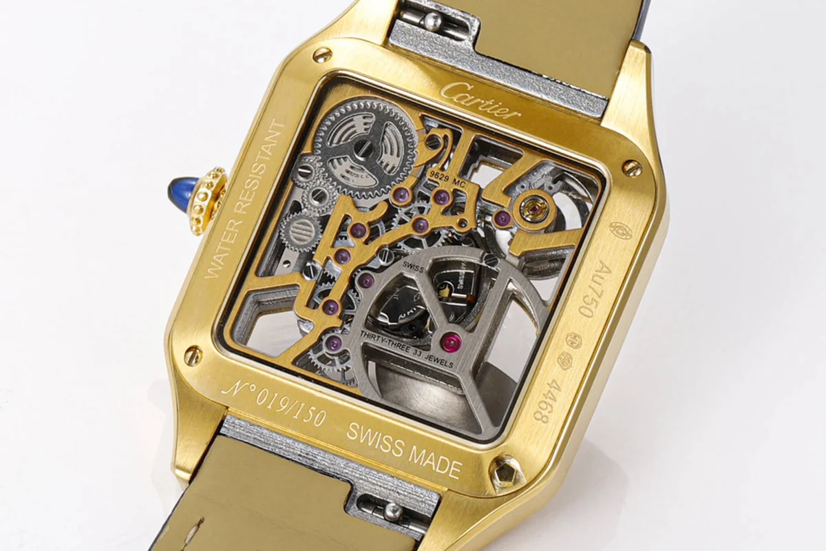 Santos-Dumont (Large) Skeleton Watch in Yellow Gold on Black Leather Strap