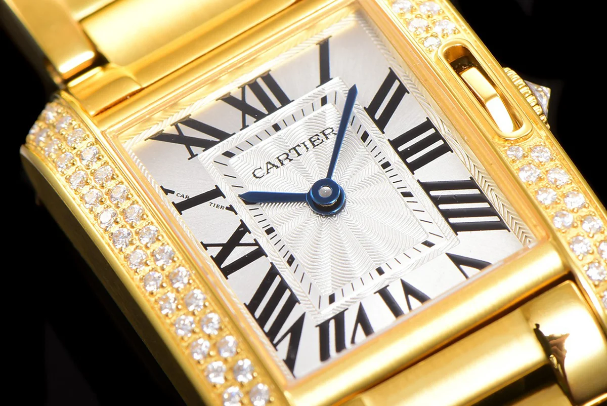 Tank Anglaise 30.2mm White Dial with Diamond Bezel in Yellow Gold