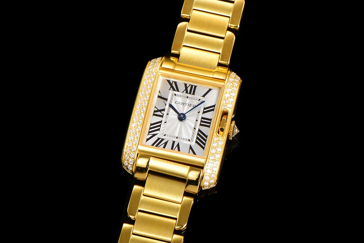 Tank Anglaise 30.2mm White Dial with Diamond Bezel in Yellow Gold