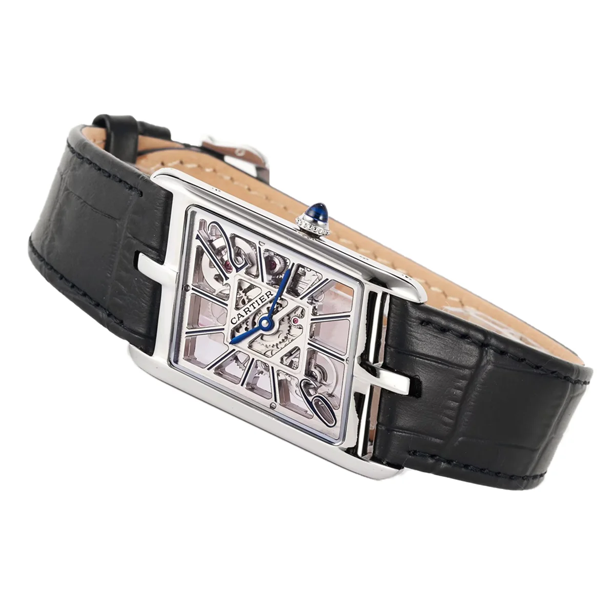 Tank Asymetrique Watch on Steel in Black Leather Strap