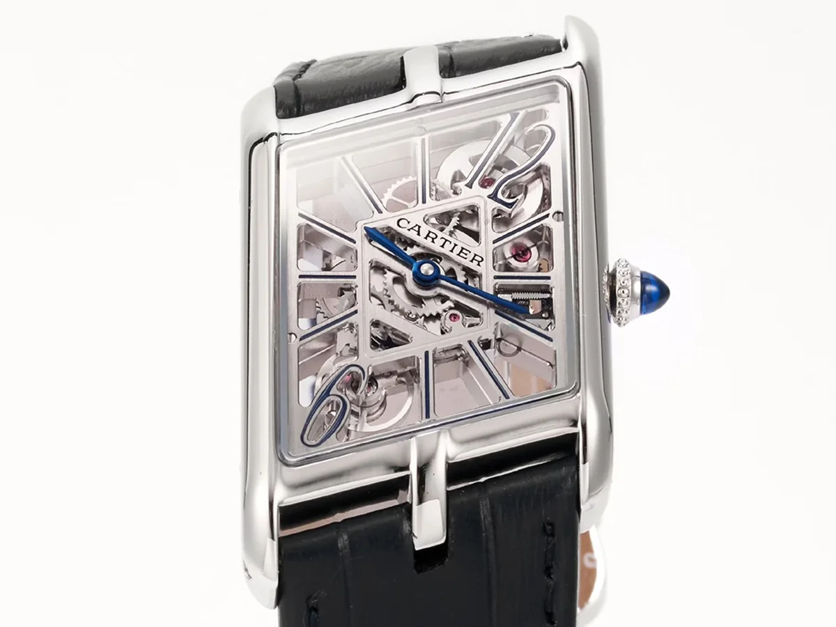 Tank Asymetrique Watch on Steel in Black Leather Strap