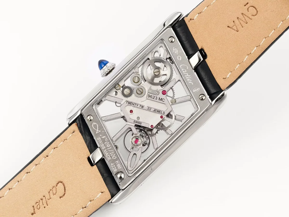 Tank Asymetrique Watch on Steel in Black Leather Strap