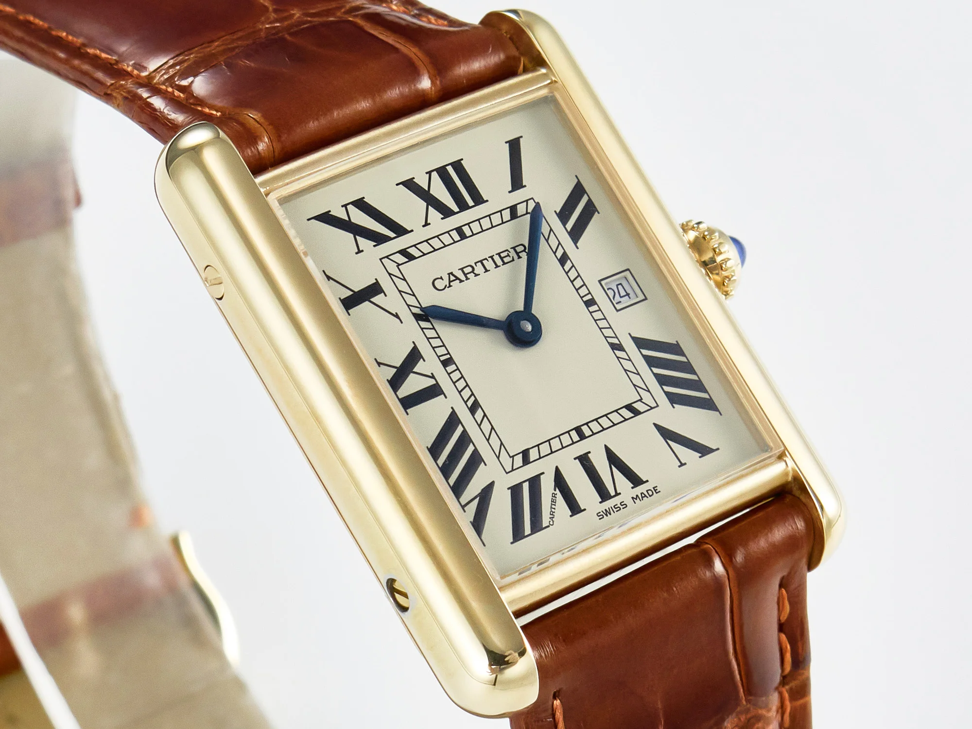 Tank Must Large YG 33.7mm DRF 1:1 Best Edition YG Dial on Brown Leather Strap Swiss Quartz