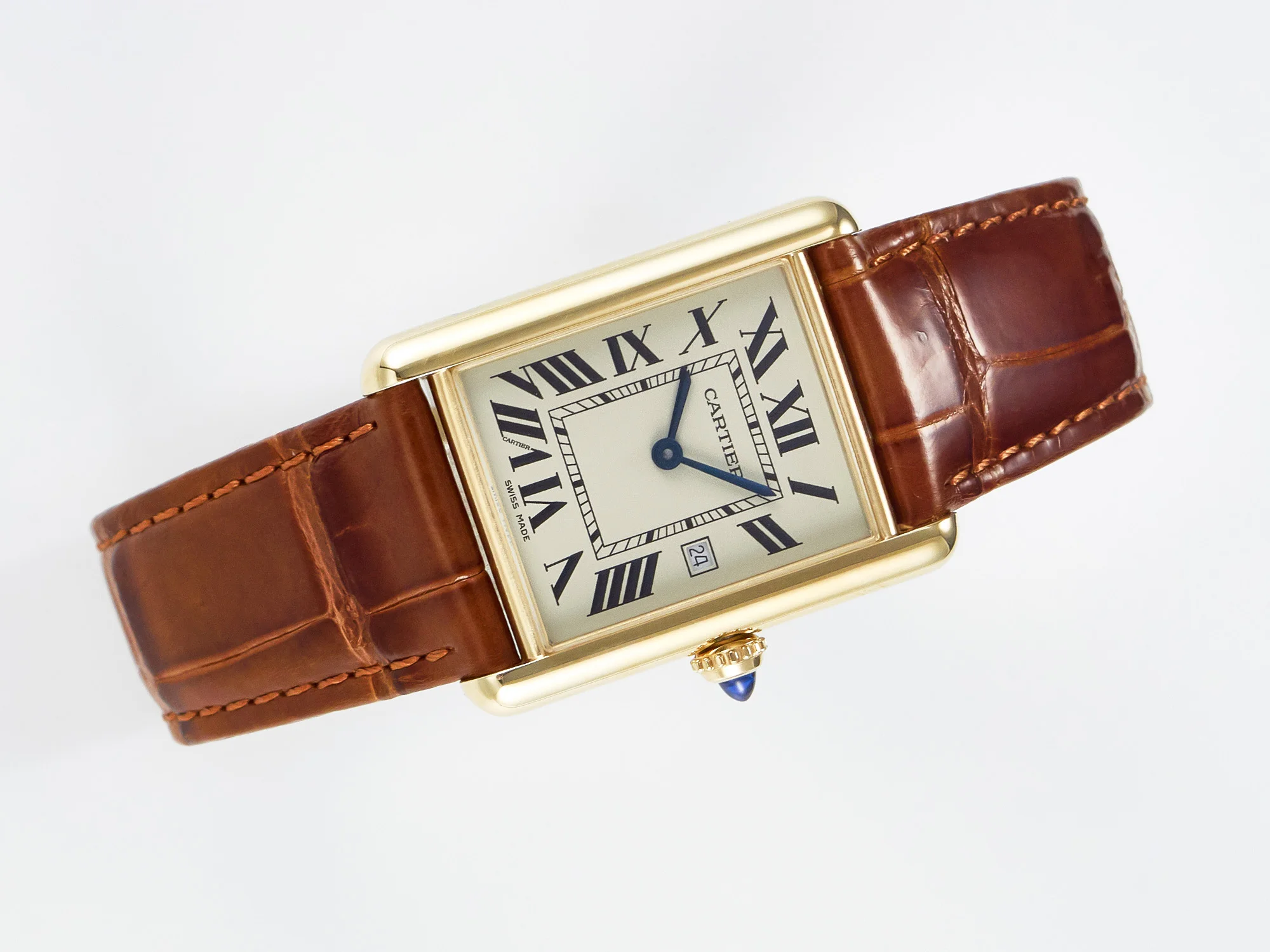 Tank Must Large YG 33.7mm DRF 1:1 Best Edition YG Dial on Brown Leather Strap Swiss Quartz