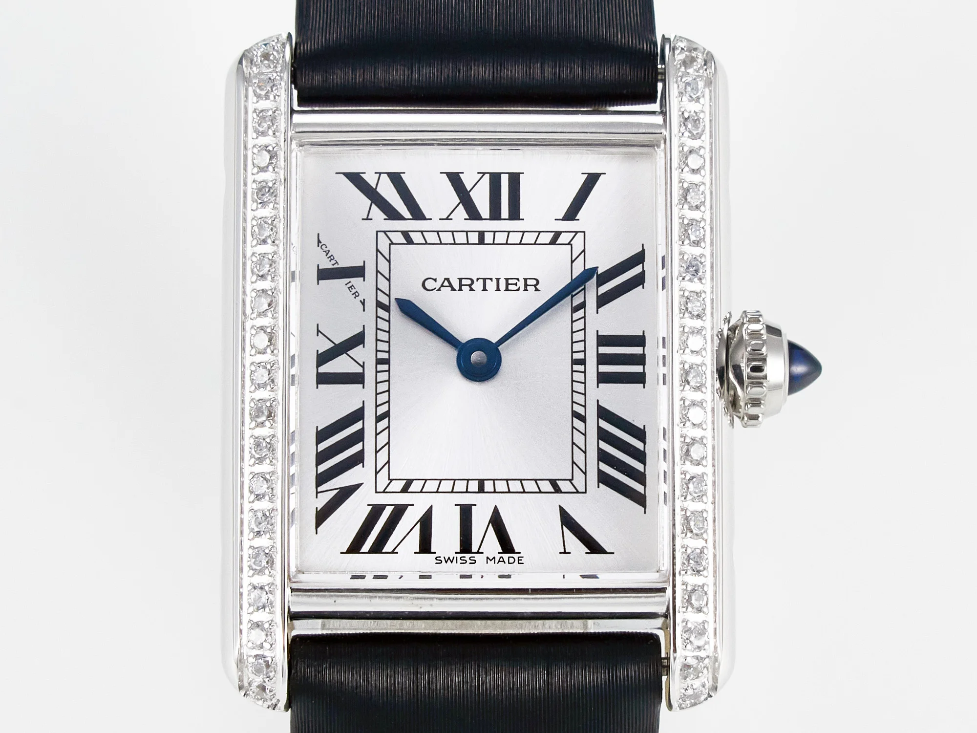 Tank Must Small SS 29mm DRF 1:1 Best Edition White Dial Diamonds Bezel on Black Calfskin Strap Swiss Quartz