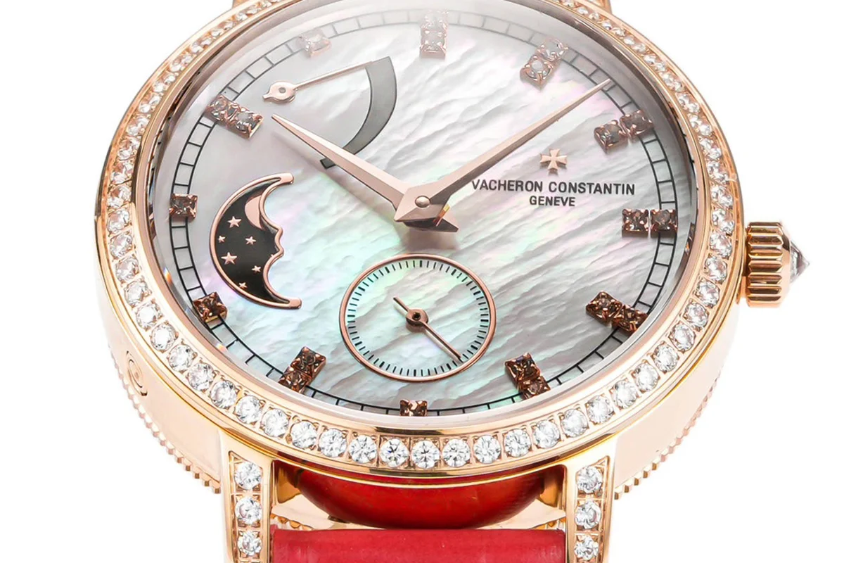 Traditionelle Moon Phase MOP Dial with Diamond Bezel in Pink Gold on Red Leather Strap