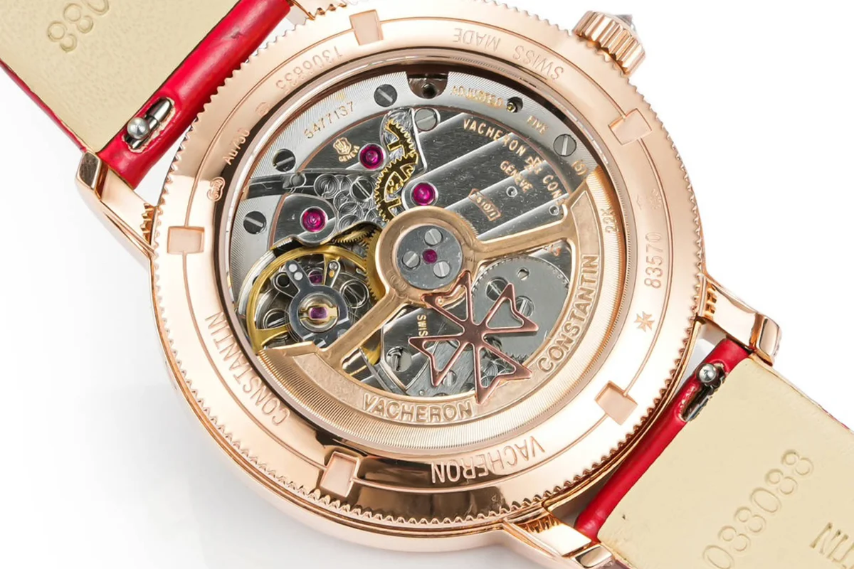 Traditionelle Moon Phase MOP Dial with Diamond Bezel in Pink Gold on Red Leather Strap