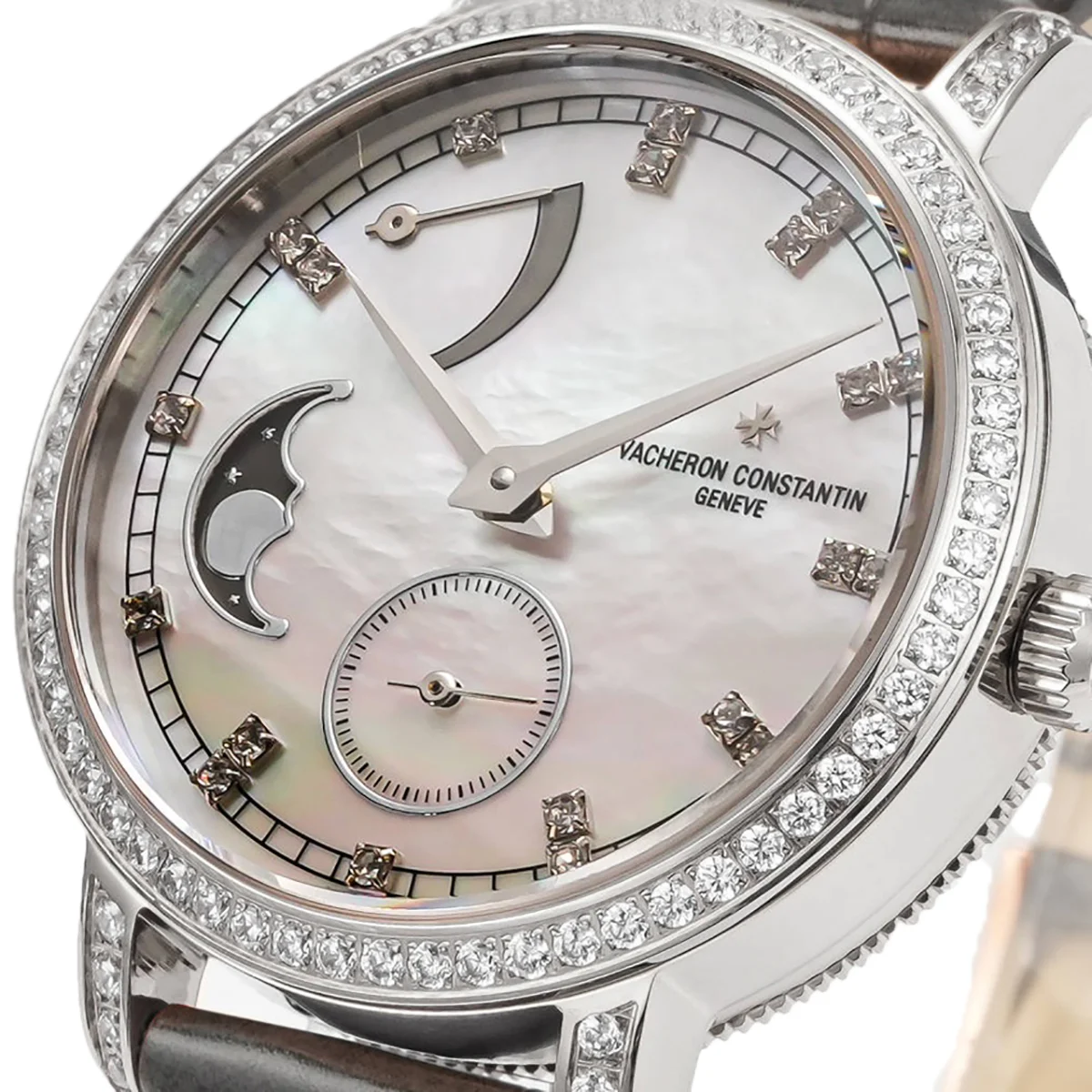 Traditionelle Moon Phase MOP Dial with Diamond Bezel in White Gold on Brown Leather Strap
