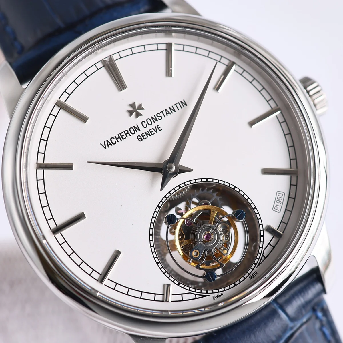 Traditionelle Tourbillon in Steel on Blue Leather Strap
