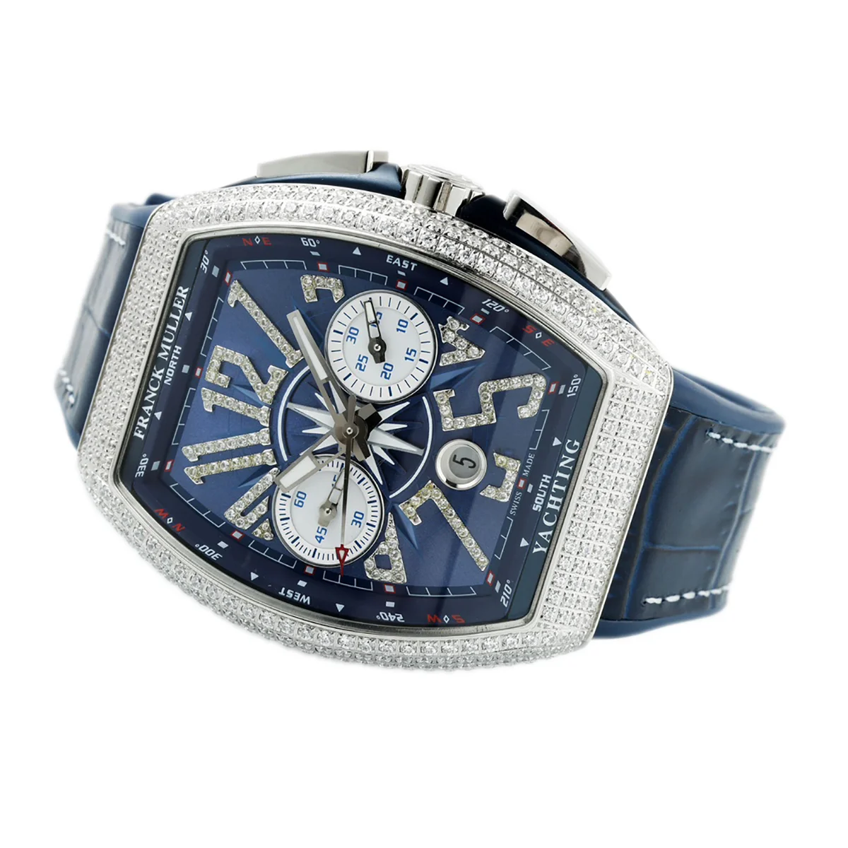 Vanguard V45 Chronograph Blue/White Dial with Diamond Marker and Diamond Bezel in Steel on Leather Strap