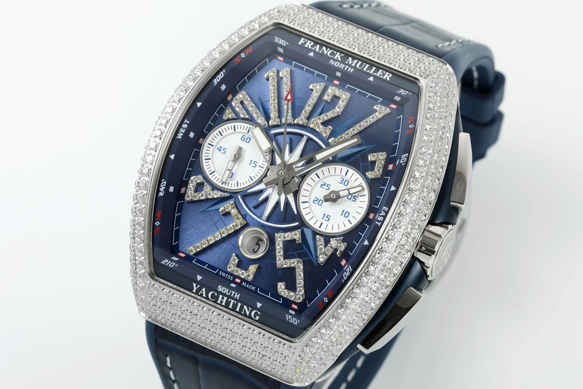 Vanguard V45 Chronograph Blue/White Dial with Diamond Marker and Diamond Bezel in Steel on Leather Strap