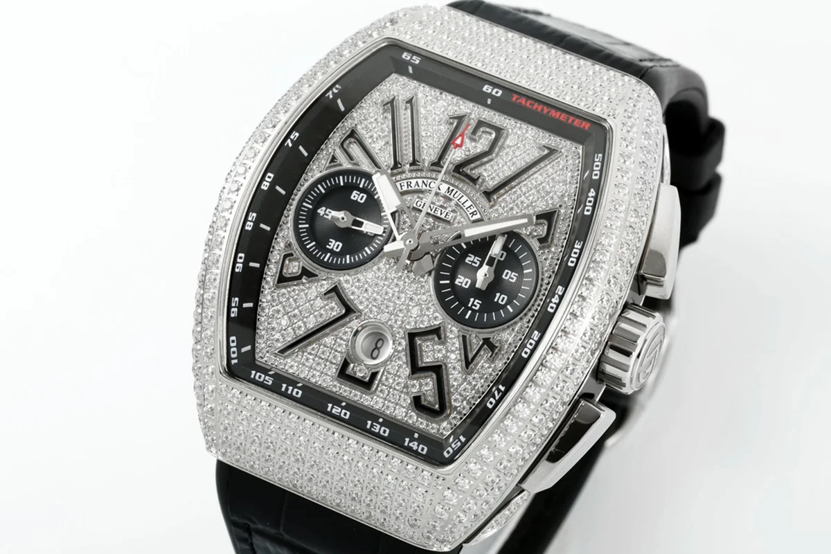 Vanguard V45 Chronograph Diamond/Black Dial with Diamond Marker and Diamond Bezel in Steel on Leather Strap