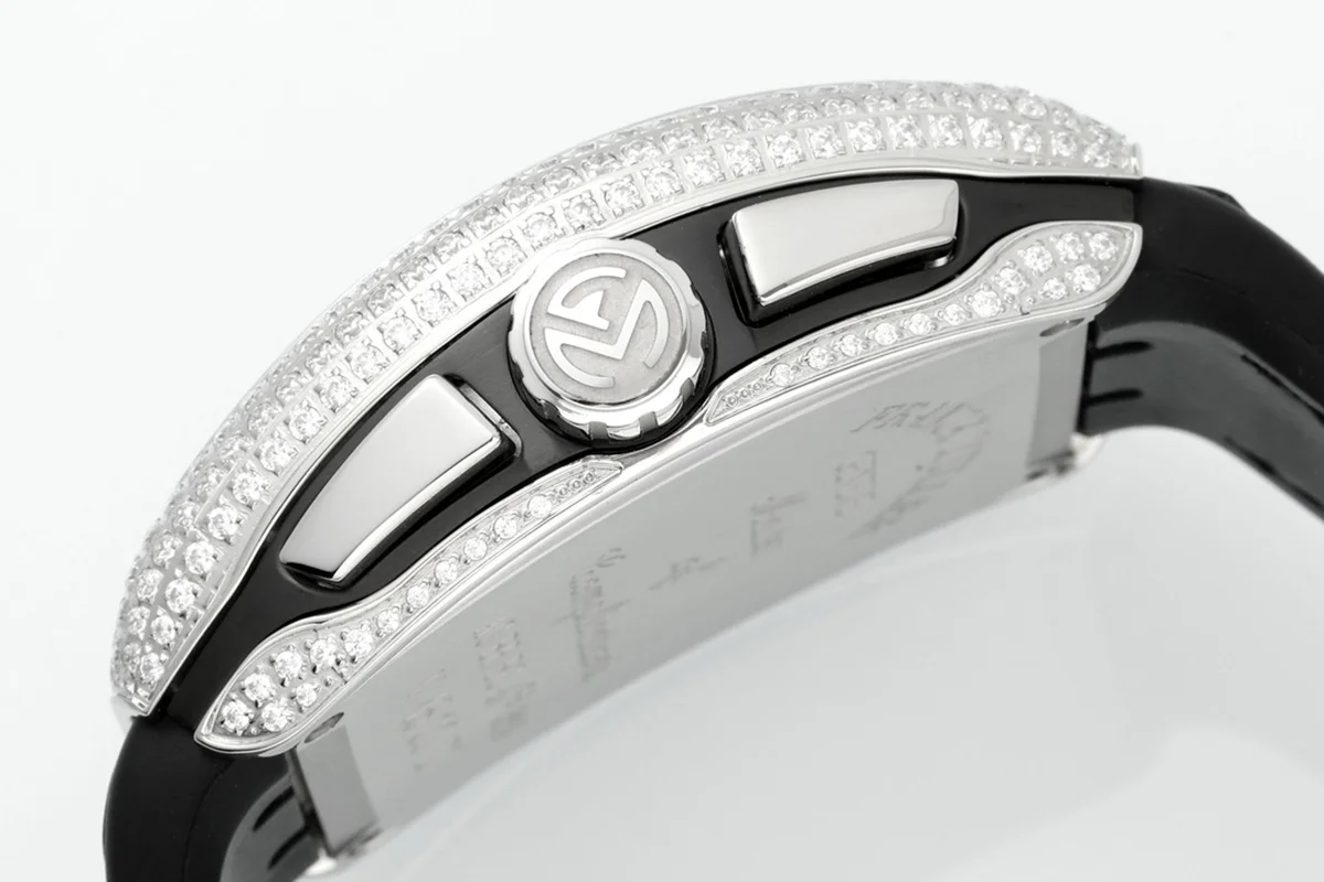 Vanguard V45 Chronograph Diamond/Black Dial with Diamond Marker and Diamond Bezel in Steel on Leather Strap