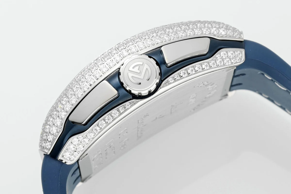 Vanguard V45 Chronograph Diamond/Blue Dial with Diamond Marker and Diamond Bezel in Steel on Leather Strap